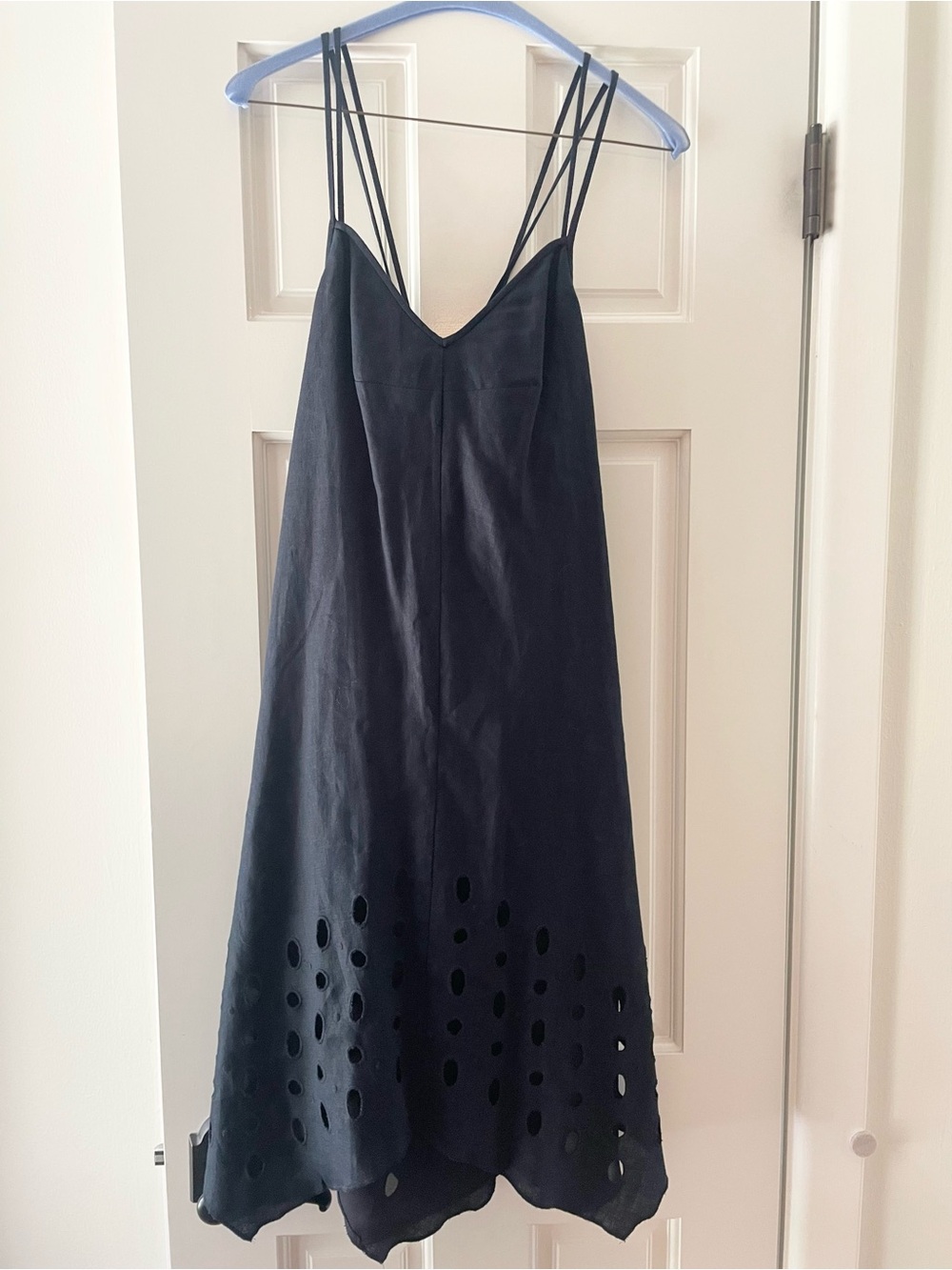 W by Worth Navy Linen Midi Dress with Cutout Hem Detail